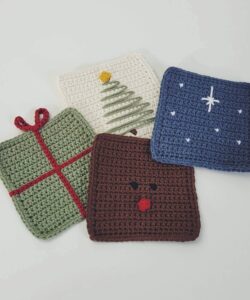Four fun Christmas crochet coasters