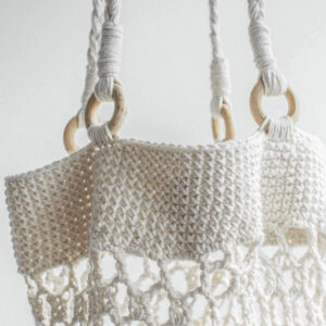 Crochet market bag with stylish wooden hoop straps