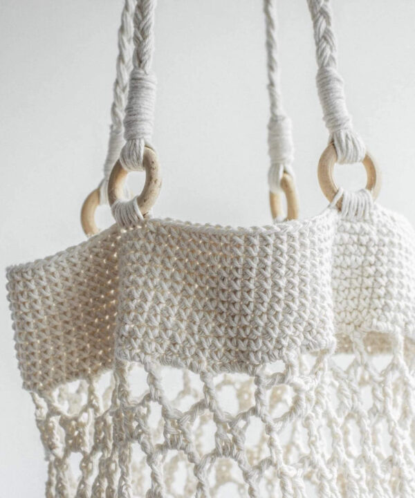 Crochet market bag with stylish wooden hoop straps