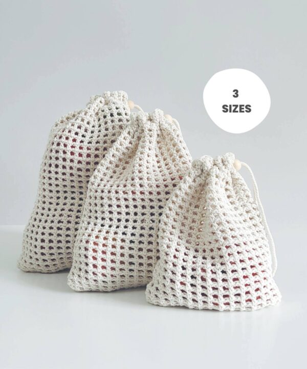Crochet produce bags in 3 sizes
